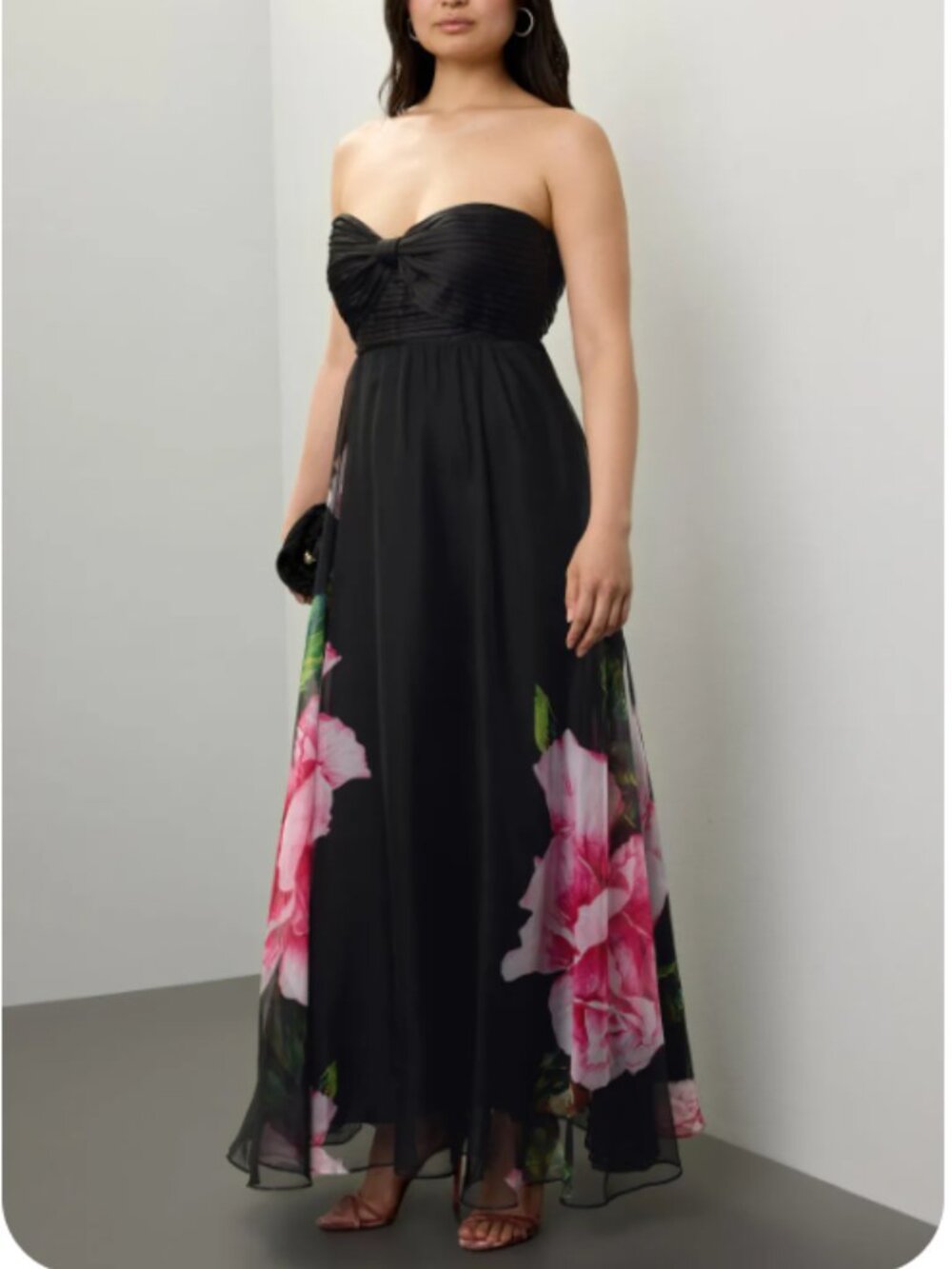 One33 Social Chiffon Strapless Gown Black Floral Pleated Maxi Dress, US 12